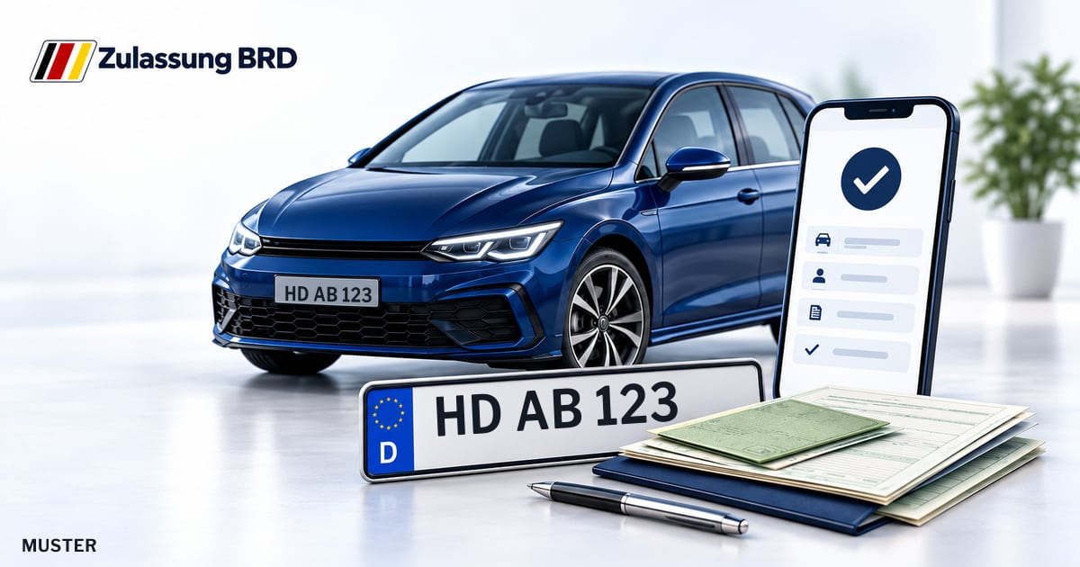 Online Fahrzeugzulassung in Brühl: Musterkennzeichen HD AB 123, Auto und Fahrzeugpapiere und Smartphone. Illustration mit Logo von Zulassung BRD.